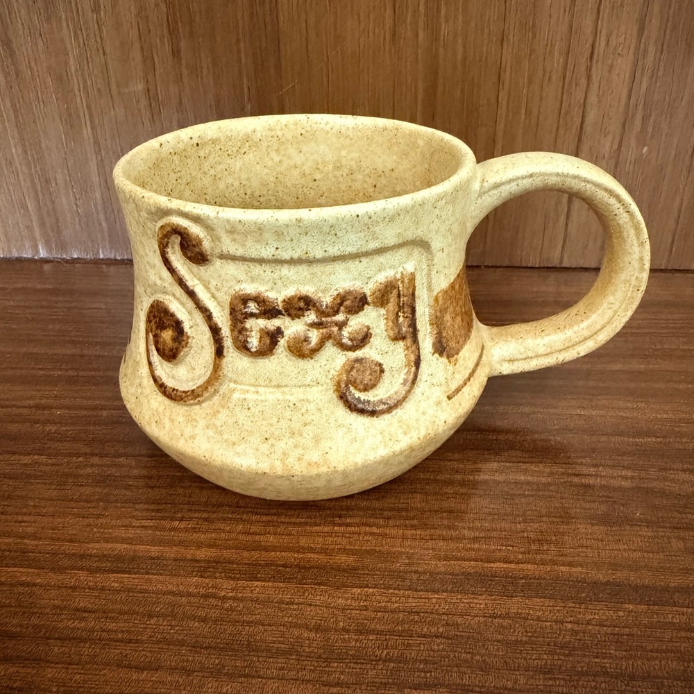 Vintage 70s Pottery Craft "Sexy" Stoneware Mug Tan Brown Speckled USA Retro Fun